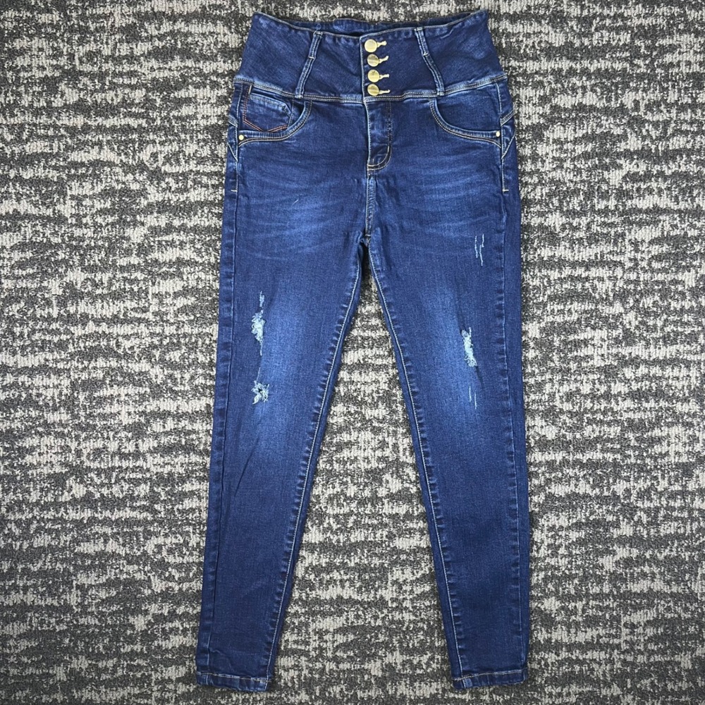 Pionier Skinny Jeans Womens 34 Blue Distressed High Waisted Button Fly Denim